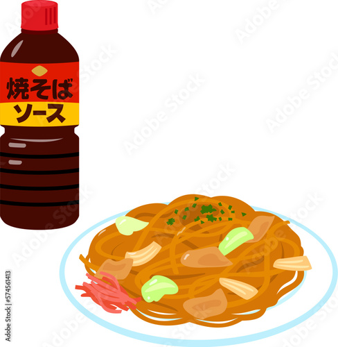 焼きそばソースのボトルと焼きそば