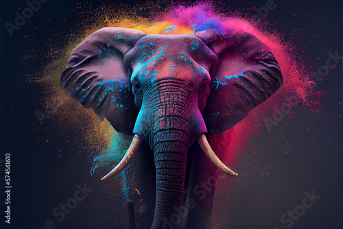 illustration of elephant in holi dust powder on black background