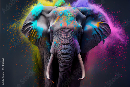 illustration of elephant in holi dust powder on black background