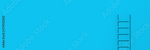 Blue staircase on blue background. Staircase stands vertically near wall. Way to success concept. Horizontal image. Banner for insertion into site. 3d image. 3D rendering.