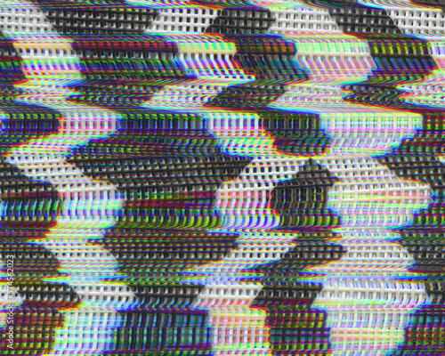 Glitch art  data error. Abstract background with black and white grids and colorful chromatic aberration. Glitchy distorted waveforms pattern created from a scan of a mesh bag.