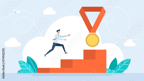 A young businessman succeeds in business. Concept of business success, competition winner, champion or leader, triumph, prize award. Corporate professional growth. Flat vector illustration