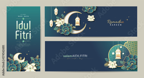 Set of Islamic festival banner design with flowers, lanterns and frames,  suitable for Ramadan Kareem , Hari Raya, Eid Mubarak, Eid al Adha. photo