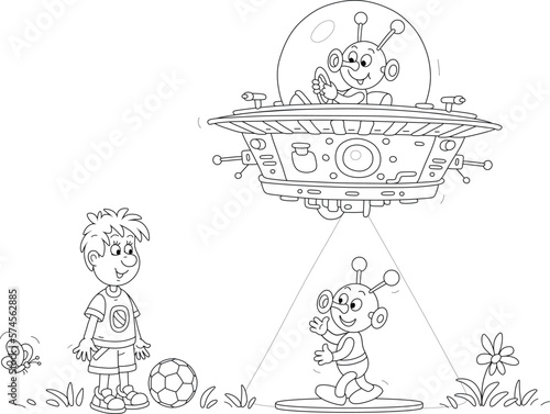 Funny aliens in their small flying saucer meeting a surprised little boy with a football on a lawn, black and white outline vector cartoon illustration for a coloring book