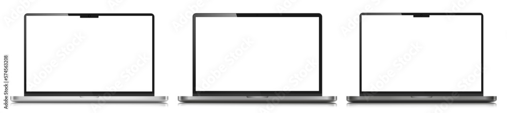 Laptop layouts with white screens. A set of realistic laptops with blank screens in a metal case with reflection. Vector illustration. Laptop layouts with white screens. A set of realistic laptops with blank screens in a metal case with reflection. Vector illustration.