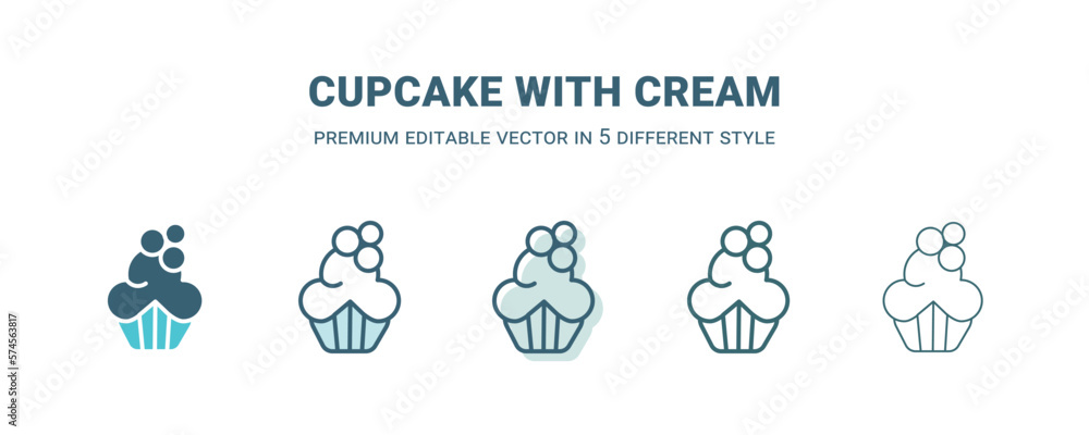 cupcake with cream icon in 5 different style. Outline, filled, two color, thin cupcake with cream icon isolated on white background. Editable vector can be used web and mobile cupcake with cream icon in 5 different style. Outline, filled, two color, thin cupcake with cream icon isolated on white background. Editable vector can be used web and mobile