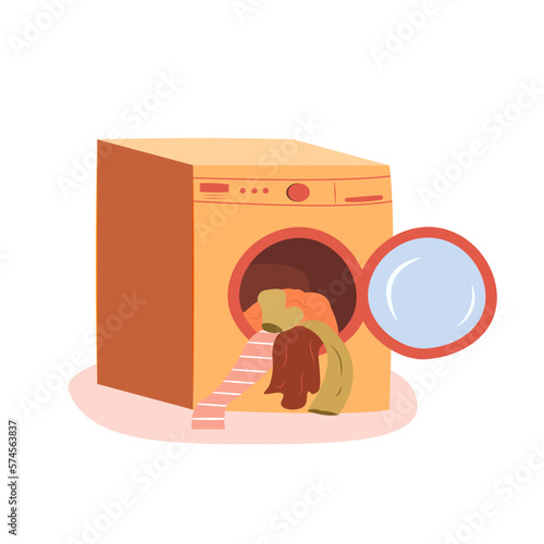 Vector cute laundry machine with clothes in it. isolated washing machine on white background