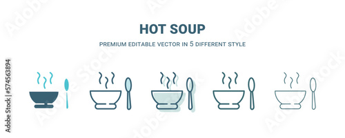 hot soup icon in 5 different style. Outline, filled, two color, thin hot soup icon isolated on white background. Editable vector can be used web and mobile