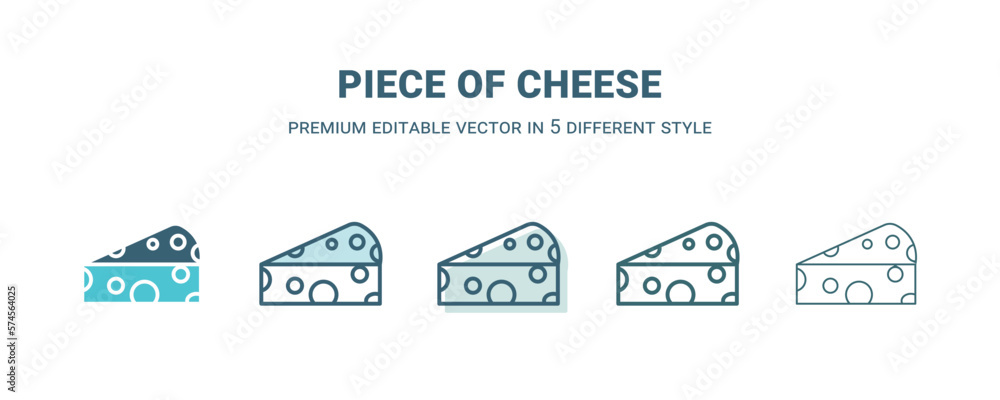 piece of cheese icon in 5 different style. Outline, filled, two color, thin piece of cheese icon isolated on white background. Editable vector can be used web and mobile piece of cheese icon in 5 different style. Outline, filled, two color, thin piece of cheese icon isolated on white background. Editable vector can be used web and mobile