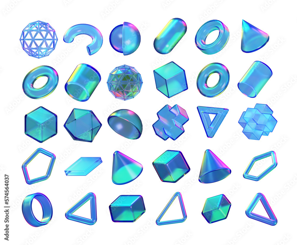 Set of 3d render realistic primitives on white background. Isolated graphic elements. Spheres, torus, tubes, cones and other geometric shapes, holographic glass colors for trendy designs. Set of 3d render realistic primitives on white background. Isolated graphic elements. Spheres, torus, tubes, cones and other geometric shapes, holographic glass colors for trendy designs.