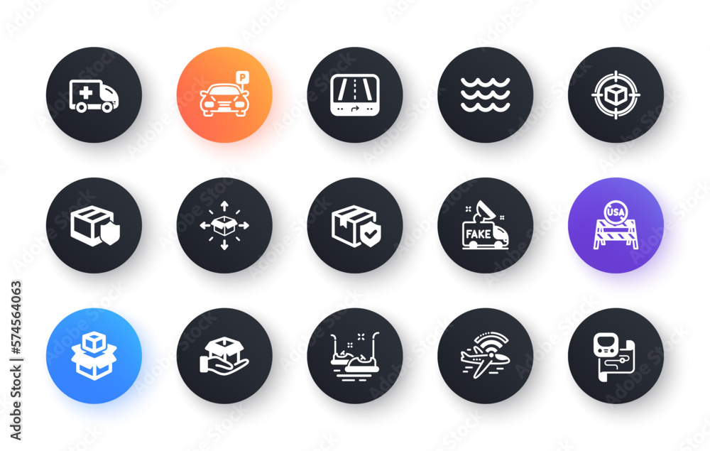 Minimal set of Gps, Waves and Airplane wifi flat icons for web development. Parcel delivery, Packing boxes, Bumper cars icons. Delivery insurance, Hold box, Parcel insurance web elements. Vector Minimal set of Gps, Waves and Airplane wifi flat icons for web development. Parcel delivery, Packing boxes, Bumper cars icons. Delivery insurance, Hold box, Parcel insurance web elements. Vector