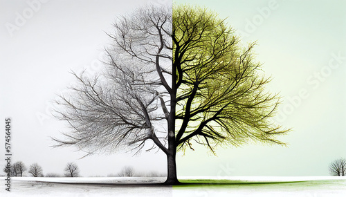 illustration of a tree in winter merging into spring time