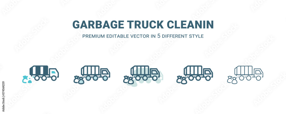 garbage truck cleanin icon in 5 different style. Outline, filled, two color, thin garbage truck cleanin icon isolated on white background. Editable vector can be used web and mobile garbage truck cleanin icon in 5 different style. Outline, filled, two color, thin garbage truck cleanin icon isolated on white background. Editable vector can be used web and mobile