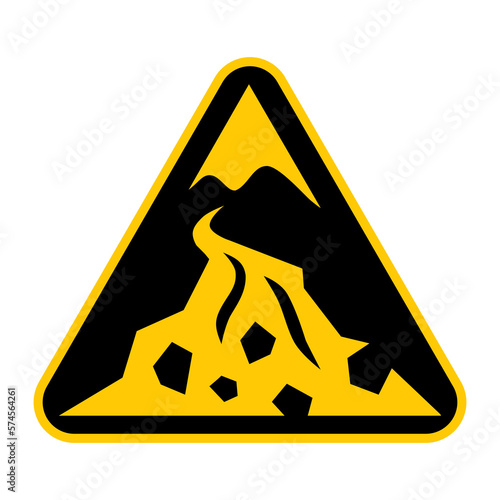 Debris flow zone warning sign. Vector illustration of yellow triangle sign with stone avalanche icon inside. Caution landslide, rockfall. Hazard symbol. Dangerous area. Natural disaster.