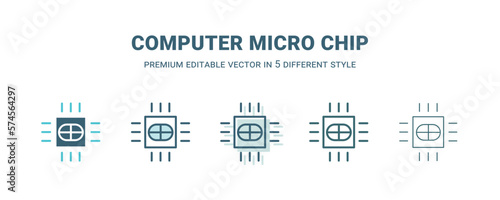 computer micro chip icon in 5 different style. Outline, filled, two color, thin computer micro chip icon isolated on white background. Editable vector can be used web and mobile