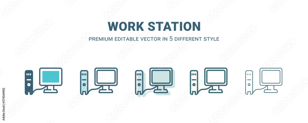 work station icon in 5 different style. Outline, filled, two color, thin work station icon isolated on white background. Editable vector can be used web and mobile work station icon in 5 different style. Outline, filled, two color, thin work station icon isolated on white background. Editable vector can be used web and mobile