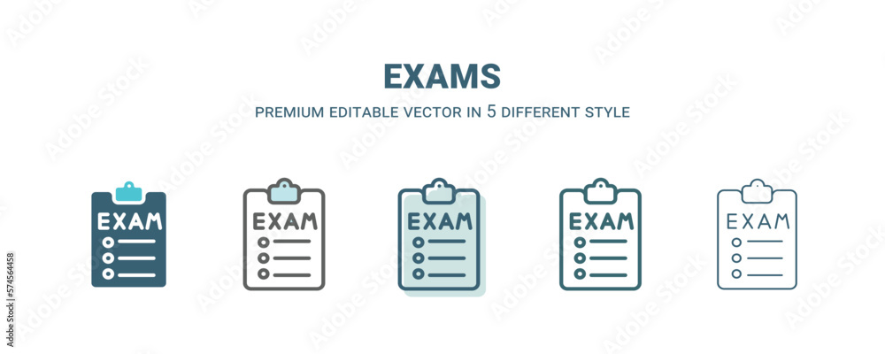 exams icon in 5 different style. Outline, filled, two color, thin exams icon isolated on white background. Editable vector can be used web and mobile exams icon in 5 different style. Outline, filled, two color, thin exams icon isolated on white background. Editable vector can be used web and mobile