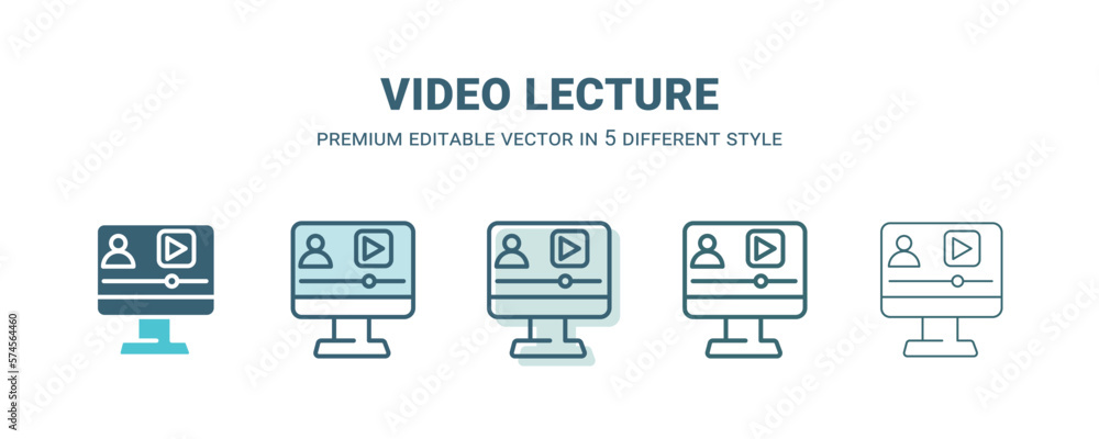 video lecture icon in 5 different style. Outline, filled, two color, thin video lecture icon isolated on white background. Editable vector can be used web and mobile video lecture icon in 5 different style. Outline, filled, two color, thin video lecture icon isolated on white background. Editable vector can be used web and mobile