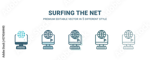 surfing the net icon in 5 different style. Outline, filled, two color, thin surfing the net icon isolated on white background. Editable vector can be used web and mobile