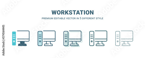 workstation icon in 5 different style. Outline, filled, two color, thin workstation icon isolated on white background. Editable vector can be used web and mobile