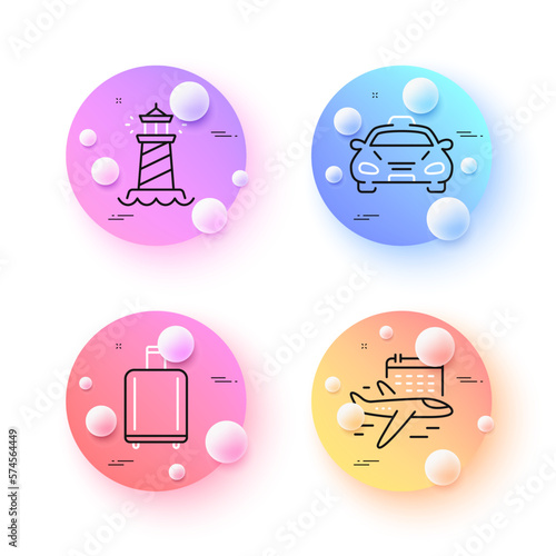 Select flight, Taxi and Baggage reclaim minimal line icons. 3d spheres or balls buttons. Lighthouse icons. For web, application, printing. Airport calendar, Public transportation, Airport bag. Vector