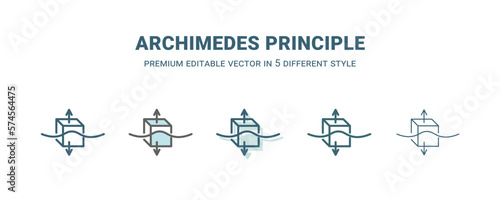 archimedes principle icon in 5 different style. Outline, filled, two color, thin archimedes principle icon isolated on white background. Editable vector can be used web and mobile