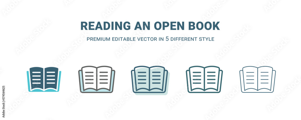 reading an open book icon in 5 different style. Outline, filled, two color, thin reading an open book icon isolated on white background. Editable vector can be used web and mobile reading an open book icon in 5 different style. Outline, filled, two color, thin reading an open book icon isolated on white background. Editable vector can be used web and mobile