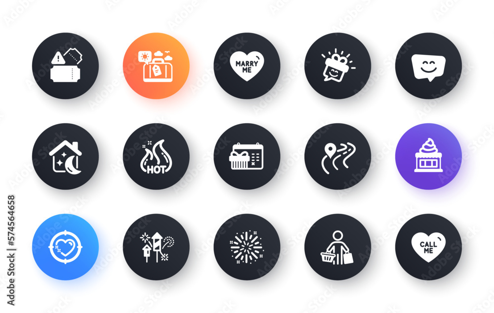 Minimal set of Tickets, Heart target and Smile flat icons for web development. Buyer, Fireworks rocket, Ice cream icons. Fireworks explosion, Smile face, Road web elements. Sleep. Vector Minimal set of Tickets, Heart target and Smile flat icons for web development. Buyer, Fireworks rocket, Ice cream icons. Fireworks explosion, Smile face, Road web elements. Sleep. Vector