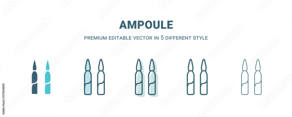 ampoule icon in 5 different style. Outline, filled, two color, thin ampoule icon isolated on white background. Editable vector can be used web and mobile