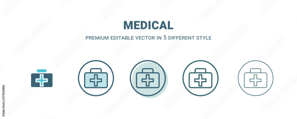 medical icon in 5 different style. Outline, filled, two color, thin medical icon isolated on white background. Editable vector can be used web and mobile