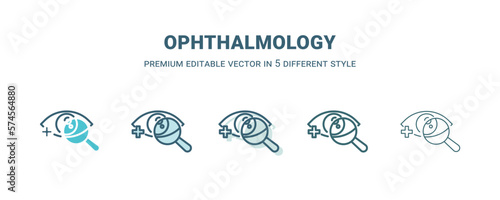 ophthalmology icon in 5 different style. Outline, filled, two color, thin ophthalmology icon isolated on white background. Editable vector can be used web and mobile