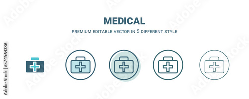 medical icon in 5 different style. Outline, filled, two color, thin medical icon isolated on white background. Editable vector can be used web and mobile