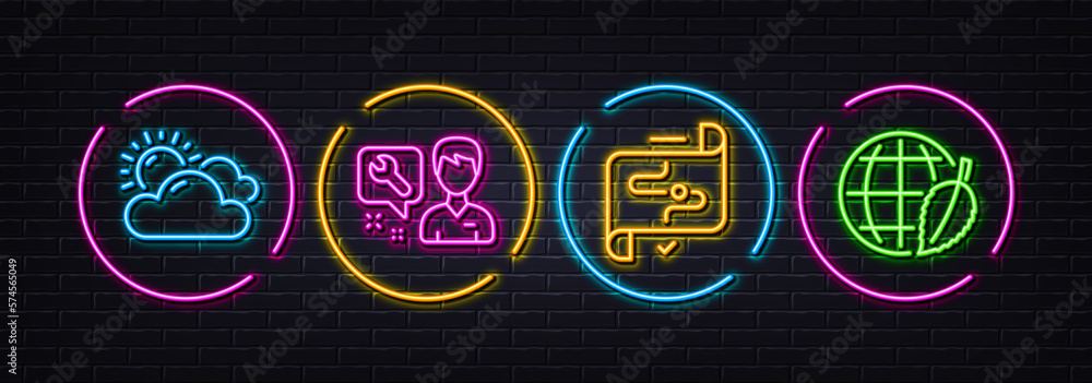 Target path, Sunny weather and Repairman minimal line icons. Neon laser 3d lights. Environment day icons. For web, application, printing. Business aim, Summer, Repair service. Safe world. Vector