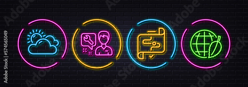 Target path, Sunny weather and Repairman minimal line icons. Neon laser 3d lights. Environment day icons. For web, application, printing. Business aim, Summer, Repair service. Safe world. Vector