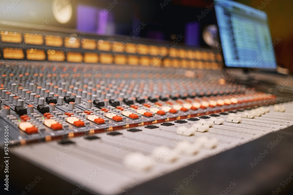Sound board, music and production in recording creativity and audio equipment. Mixing console with dj and technology with amplifier and produce song with entertainment Photos | Adobe Stock