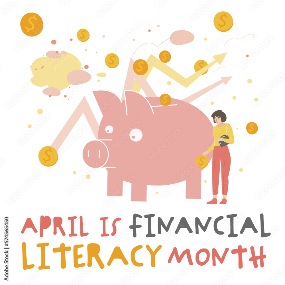 Fototapeta premium Financial literacy month. Horizontal banner. Editable vector illustration