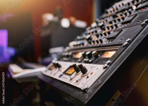 Sound board, music and production in recording studio with closeup, creativity and audio equipment. Mixing console, dj and technology with art, amplifier and produce song with entertainment