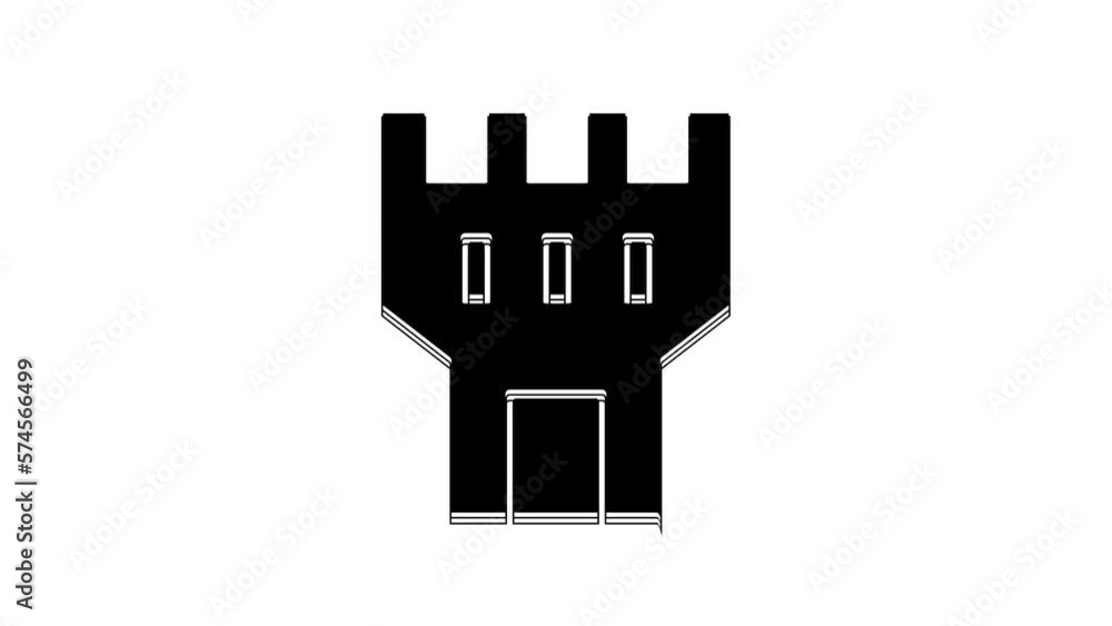Black Castle tower icon isolated on white background. Fortress sign. 4K Video motion graphic animation Black Castle tower icon isolated on white background. Fortress sign. 4K Video motion graphic animation