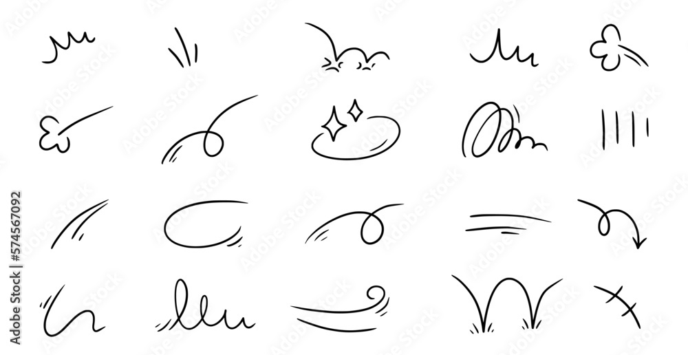 Line movement element, emotion effect decoration icon. Hand drawn doodle line element arrow, emphasis, wind, sparkle. Anime emotion, express shape. Vector illustration.