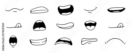 Cartoon mouth smile, happy, sad expression set. Hand drawn doodle mouth, tongue caricature emoji icon. Funny comic doodle style. Vector illustration.