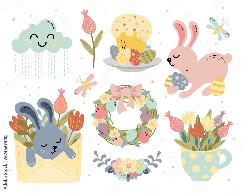 set of vector cute illustrations with traditional easter elements