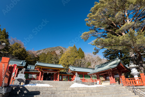 Obraz na płótnie 奥日光、二荒山神社中宮祠の拝殿と男体山 日光、栃木県、日本。2月