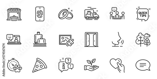 Outline set of Online market, Tree and Pizza line icons for web application. Talk, information, delivery truck outline icon. Include Puzzle image, Fingerprint, Hold heart icons. Vector
