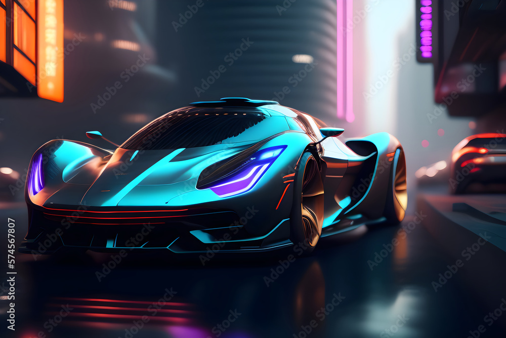 electric luxury concept car with a futuristic design, glowing headlights