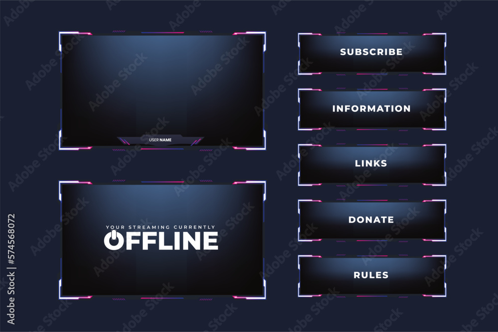 Futuristic gaming frame border design with online and offline screens. Modern gaming overlay layout vector for streamers. Live streaming overlay template design with simple shapes and buttons.