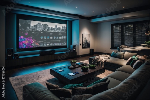 Wallpaper Mural Modern luxury home cinema room with large screen TV ambient neon blue lighting and comfortable sectional sofa for smart home theater experience Torontodigital.ca