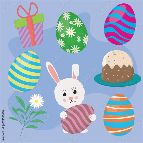set of happy easter holiday with elements of eggs, holiday rabbit, gift, flower and easter cake