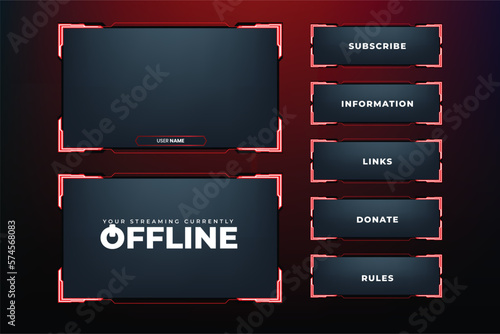 Futuristic neon display frame design with red and white colors. Creative gaming screen interface decoration with online buttons and screens. Live streaming overlay vector with neon light effect.