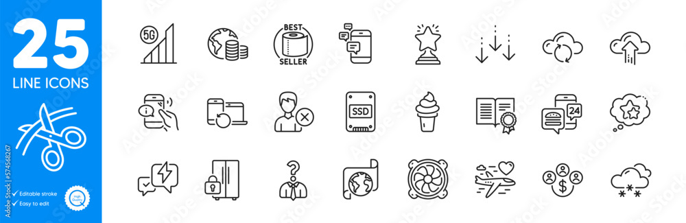 Outline icons set. Scissors, Diploma and Scroll down icons. Communication, Recovery devices, Budget web elements. Hiring employees, Remove account, Buying currency signs. Computer fan. Vector Outline icons set. Scissors, Diploma and Scroll down icons. Communication, Recovery devices, Budget web elements. Hiring employees, Remove account, Buying currency signs. Computer fan. Vector