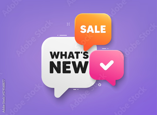 Whats new tag. 3d bubble chat banner. Discount offer coupon. Special offer sign. New arrivals symbol. Whats new adhesive tag. Promo banner. Vector